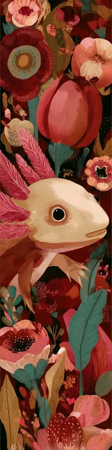 Free printable axolotl bookmark featuring flowers with red and white axolotl